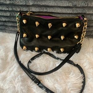 Deux Lux Black Leather Crossbody with Gold Studs Zipper Needs repair READ DESC